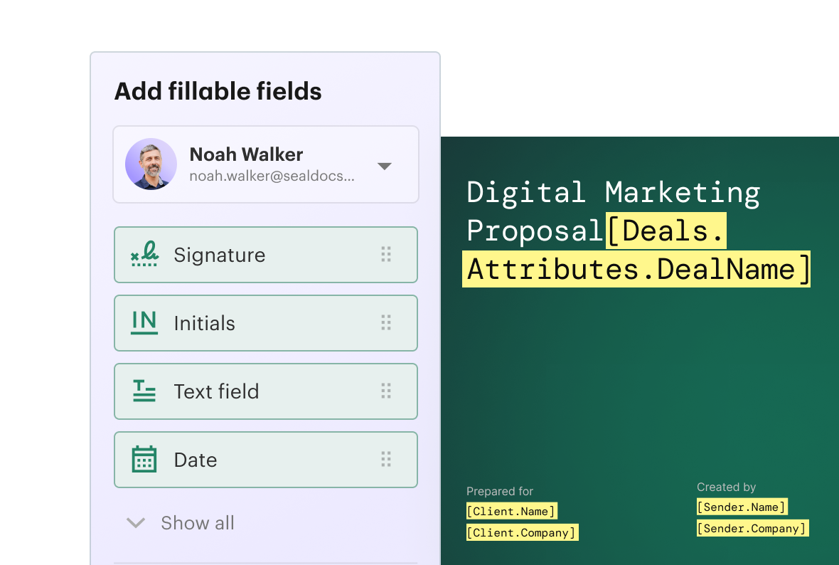 PandaDoc document editor showing an "Add fillable fields" panel with options for Signature, Initials, Text field, and Date, alongside a proposal template with highlighted merge fields.