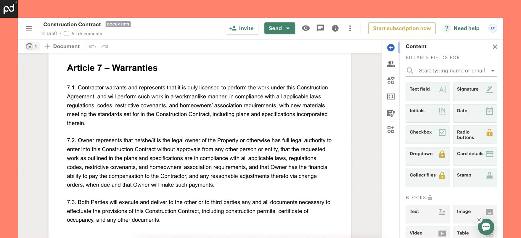Screenshot of the PandaDoc template section