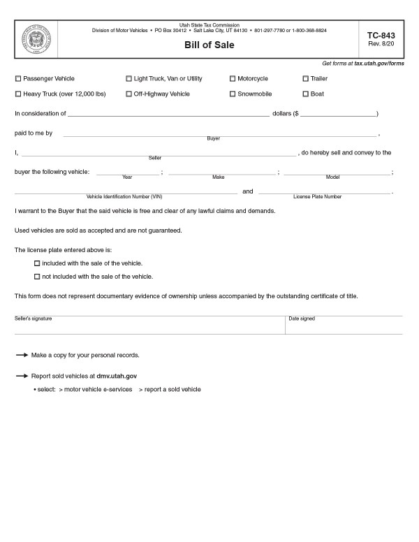 bill-of-sale-templates/utah-ut Utah bill of sale (Form TC-843)