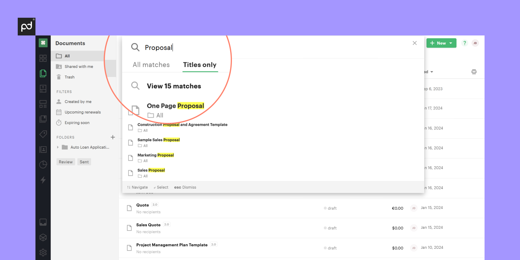 search functionality in PandaDoc workspace