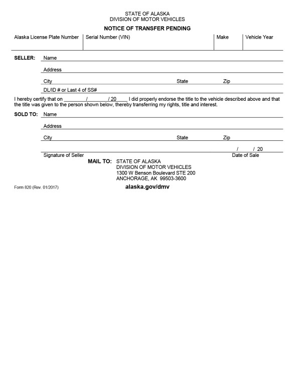 bill-of-sale-templates/alaska-ak Notice of vehicle sale for transfer