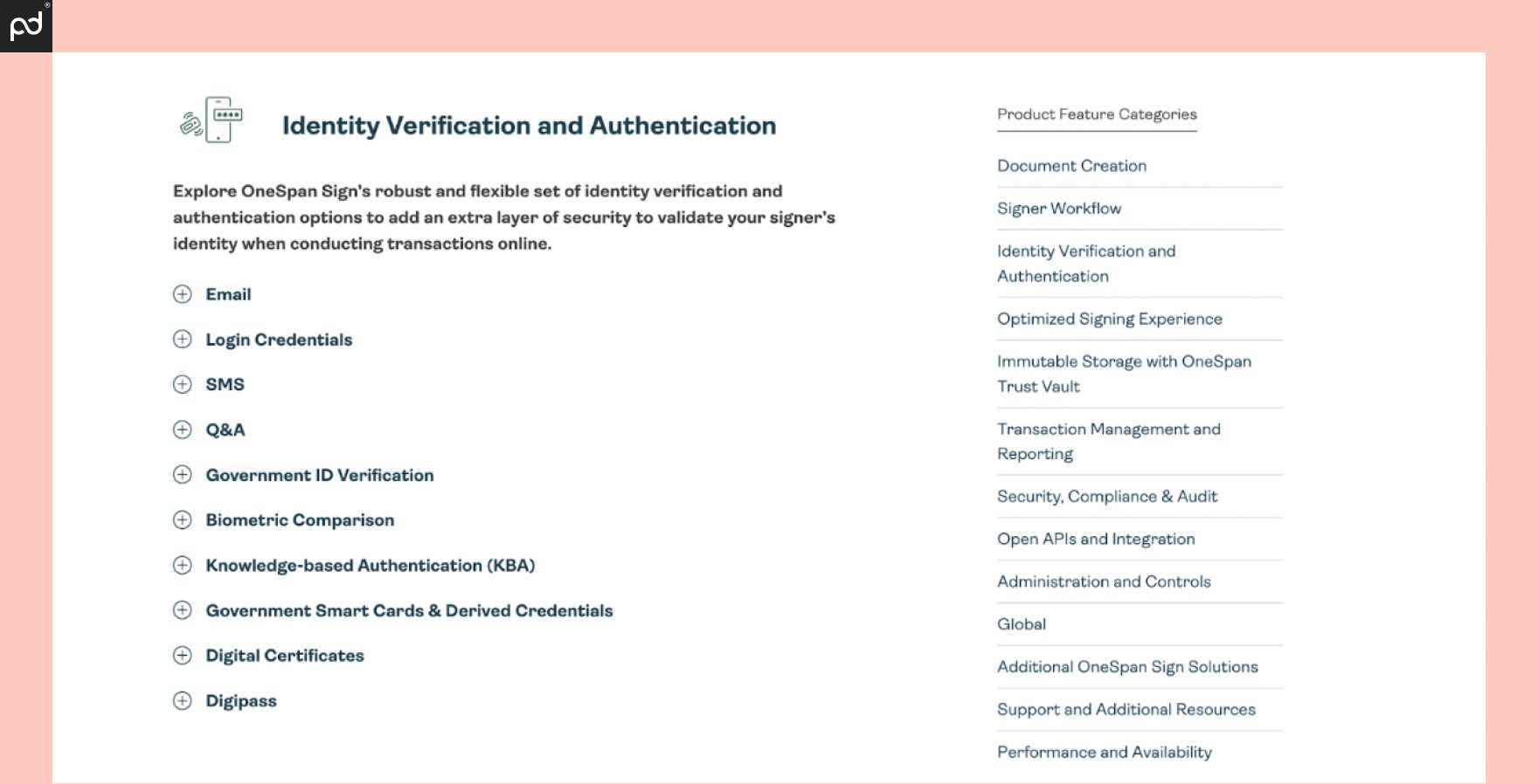 An image depicting the various identity verification and authentication options offered by OneSpan Sign.