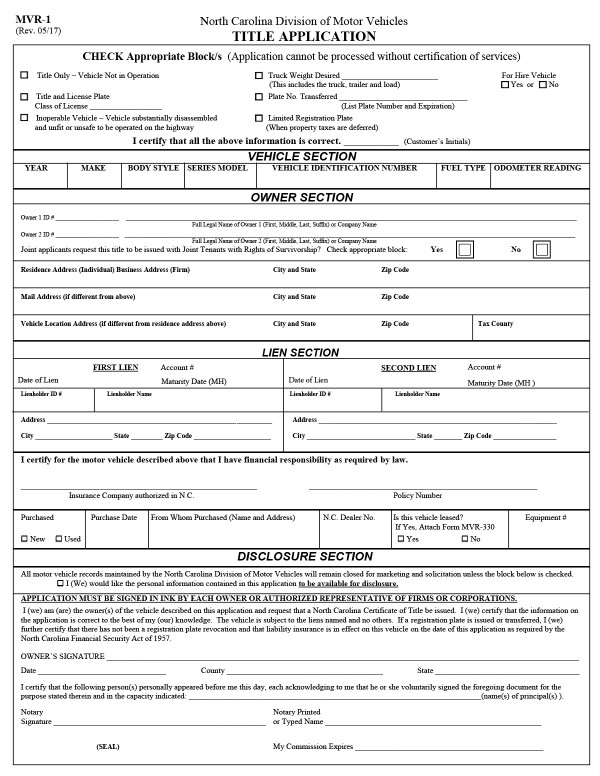 bill-of-sale-templates/north-carolina-nc North Carolina title application (Form MVR-1)