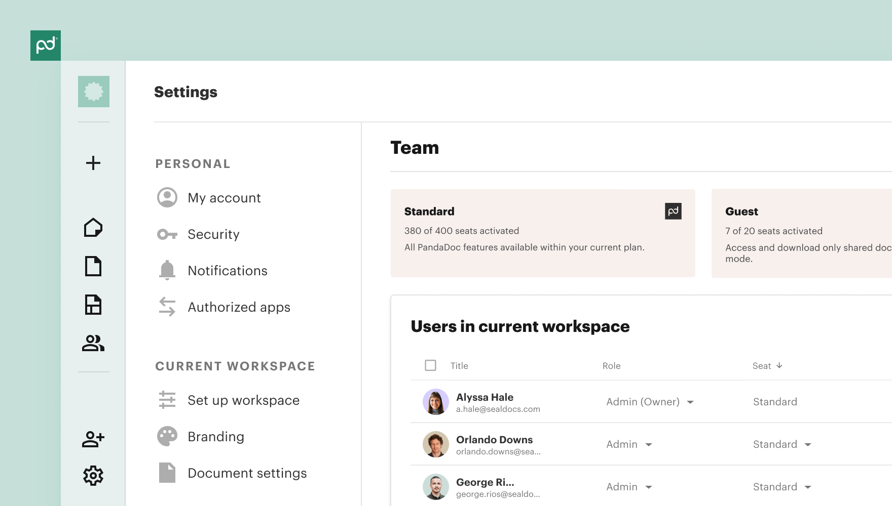 PandaDoc Team settings. Standard plan shows 380 of 400 seats used. Users table lists Alyssa Hale as Admin Owner.