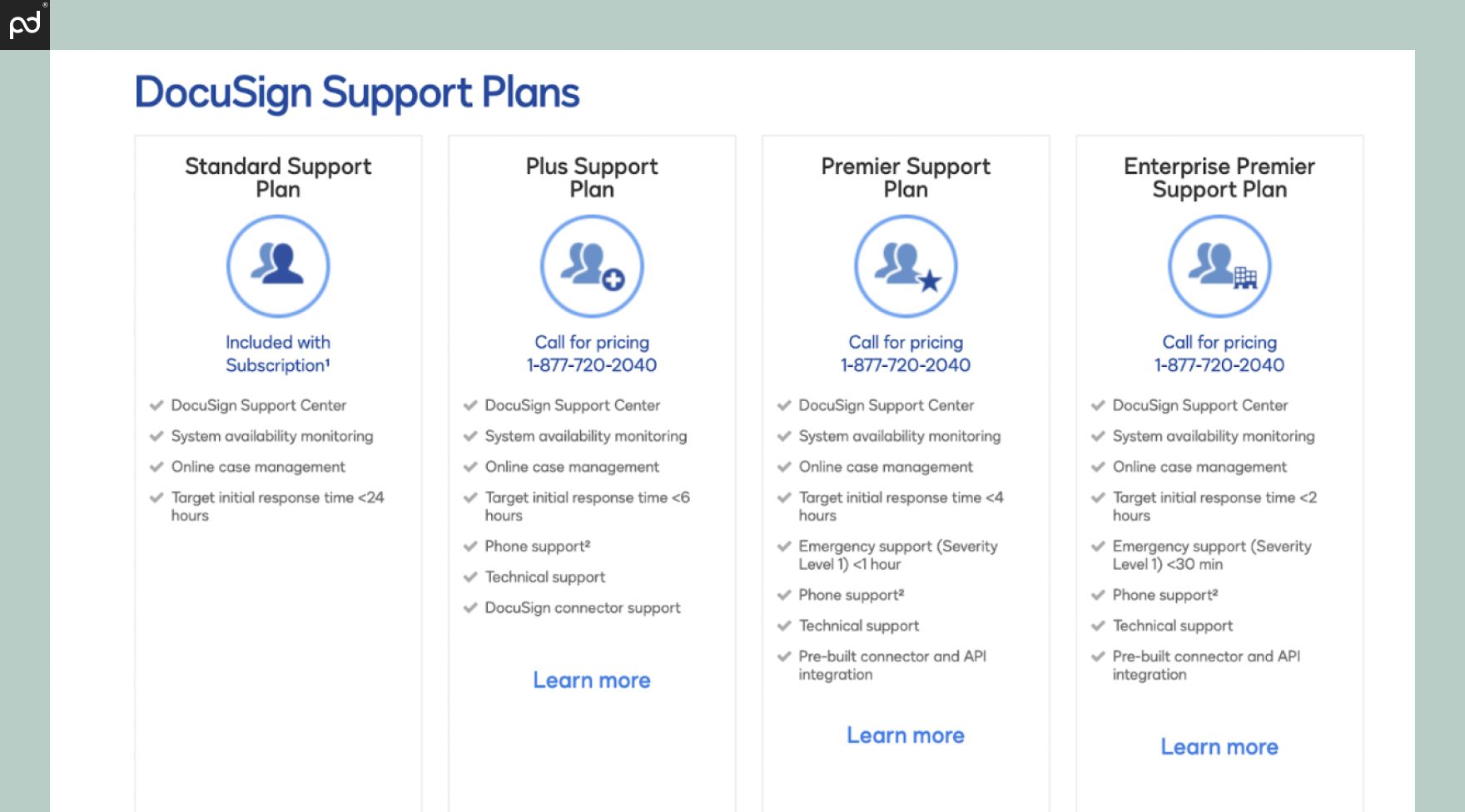 A graphic showing the four tiers of DocuSign support, including Plus, Premier, and Enterprise support paid options.