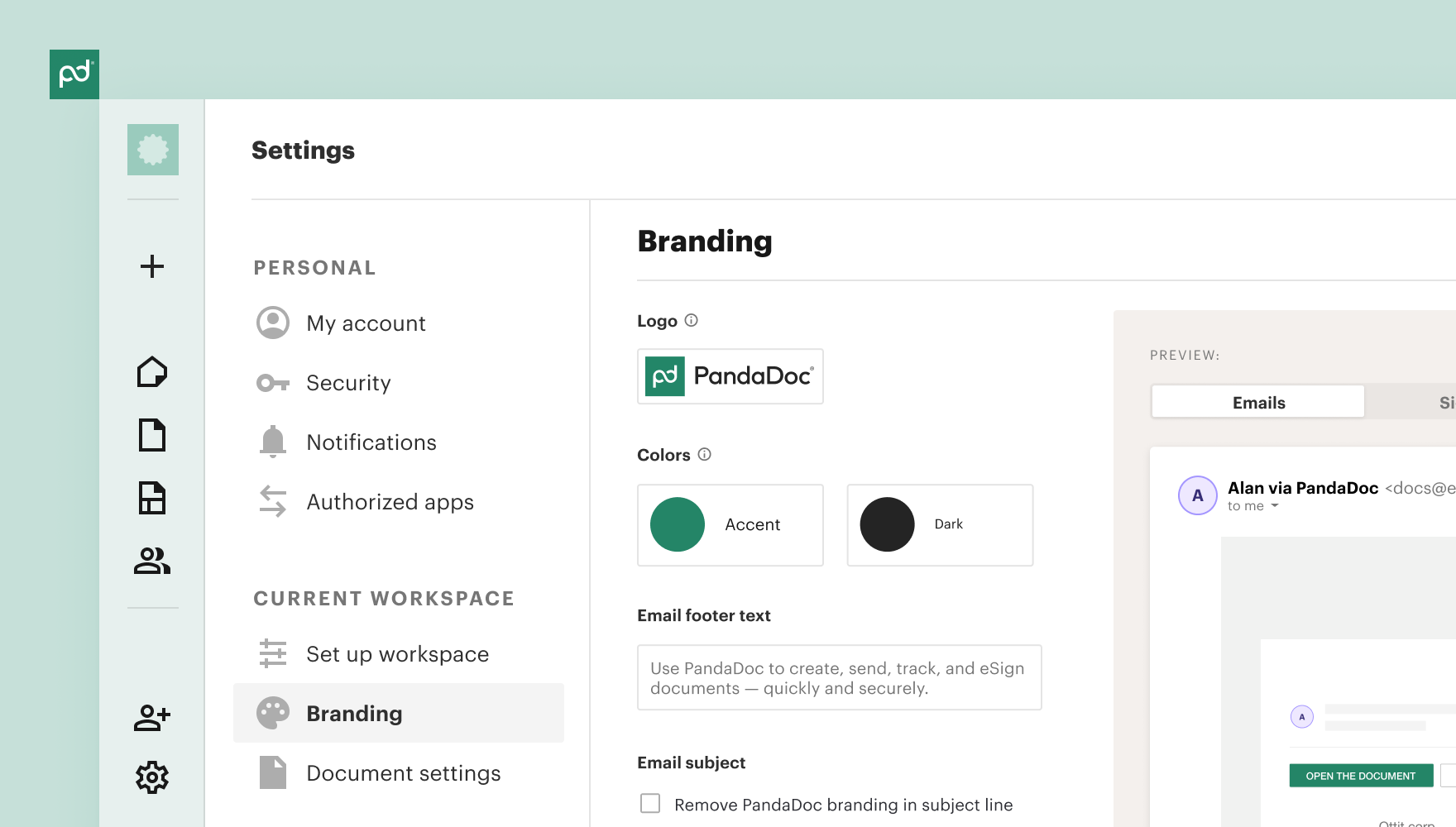 PandaDoc Branding settings. Shows PandaDoc logo, accent and dark color swatches, and an email footer text field.