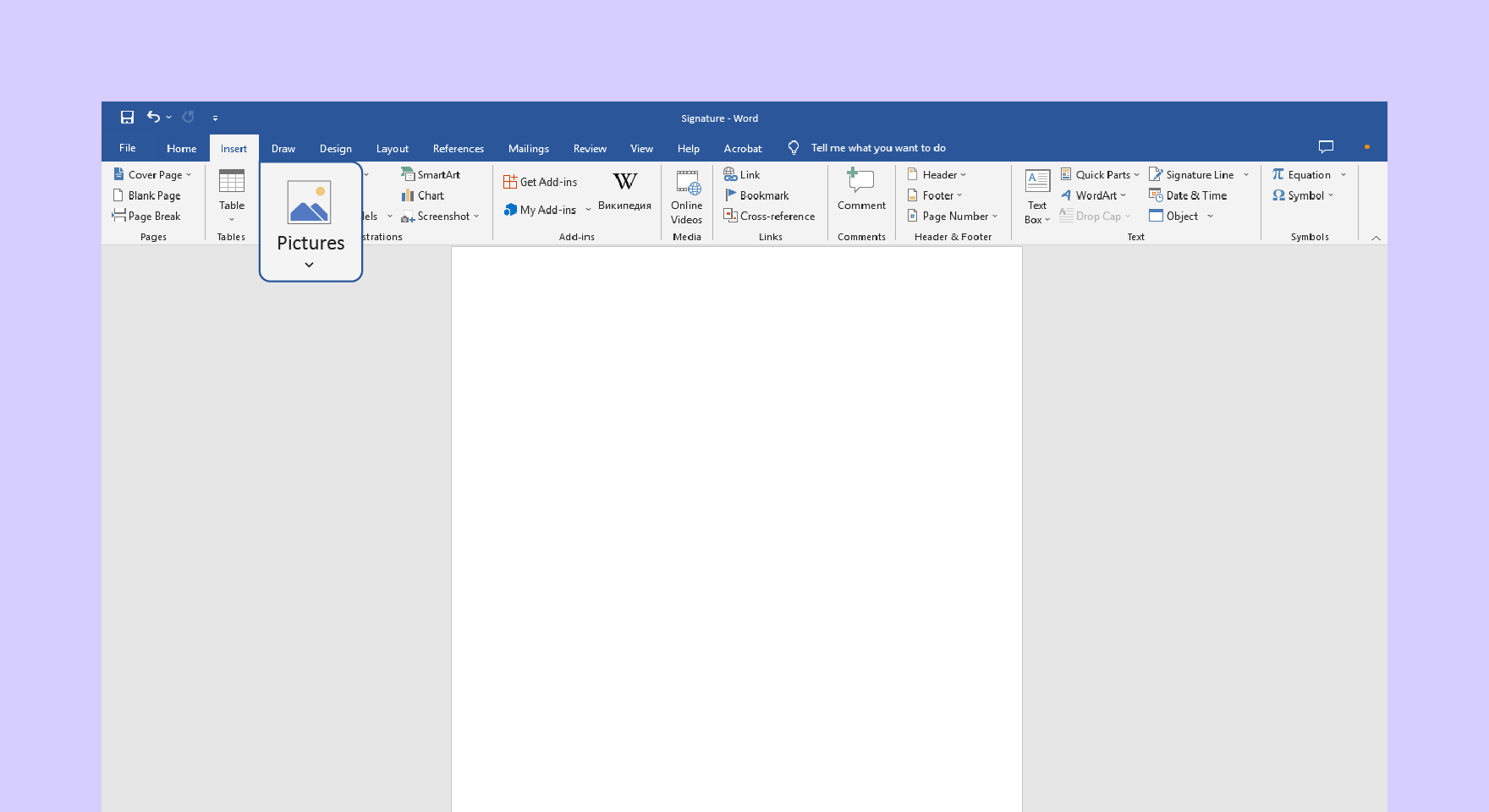 Open the image file in Microsoft Word by clicking the Insert tab and selecting Pictures