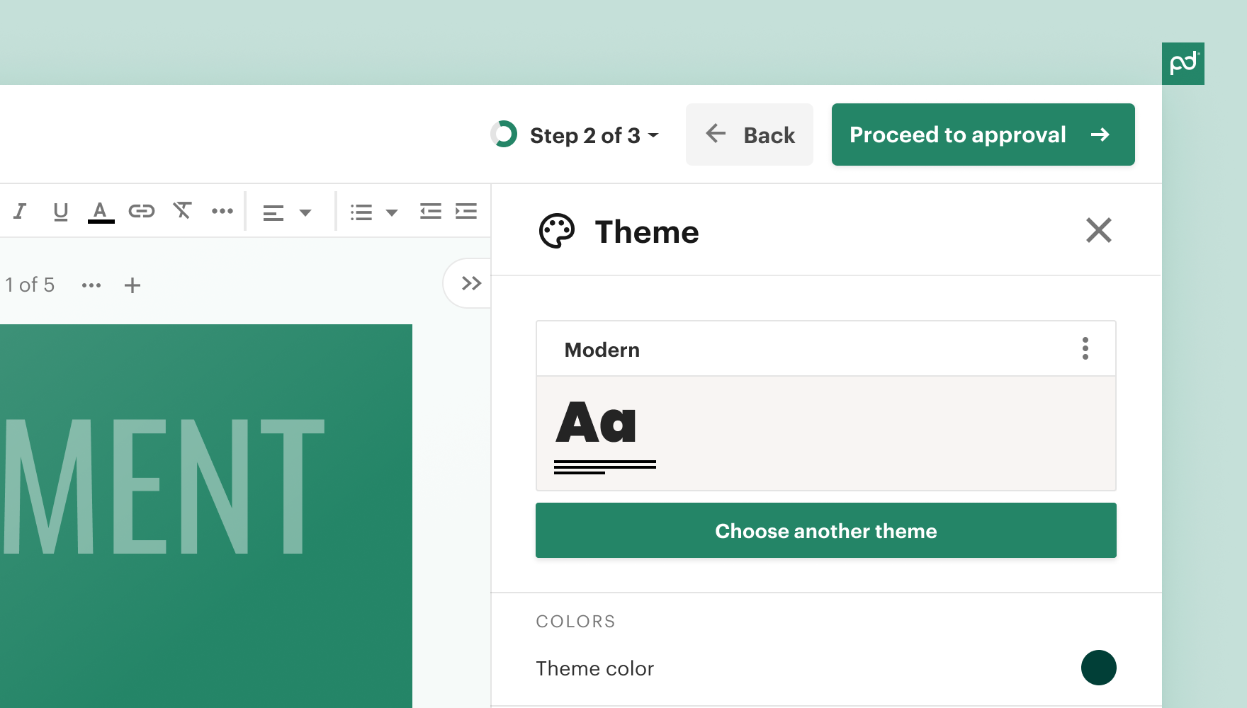 PandaDoc Theme panel at Step 2 of 3. Modern theme is selected. A "Choose another theme" button and theme color swatch appear below.