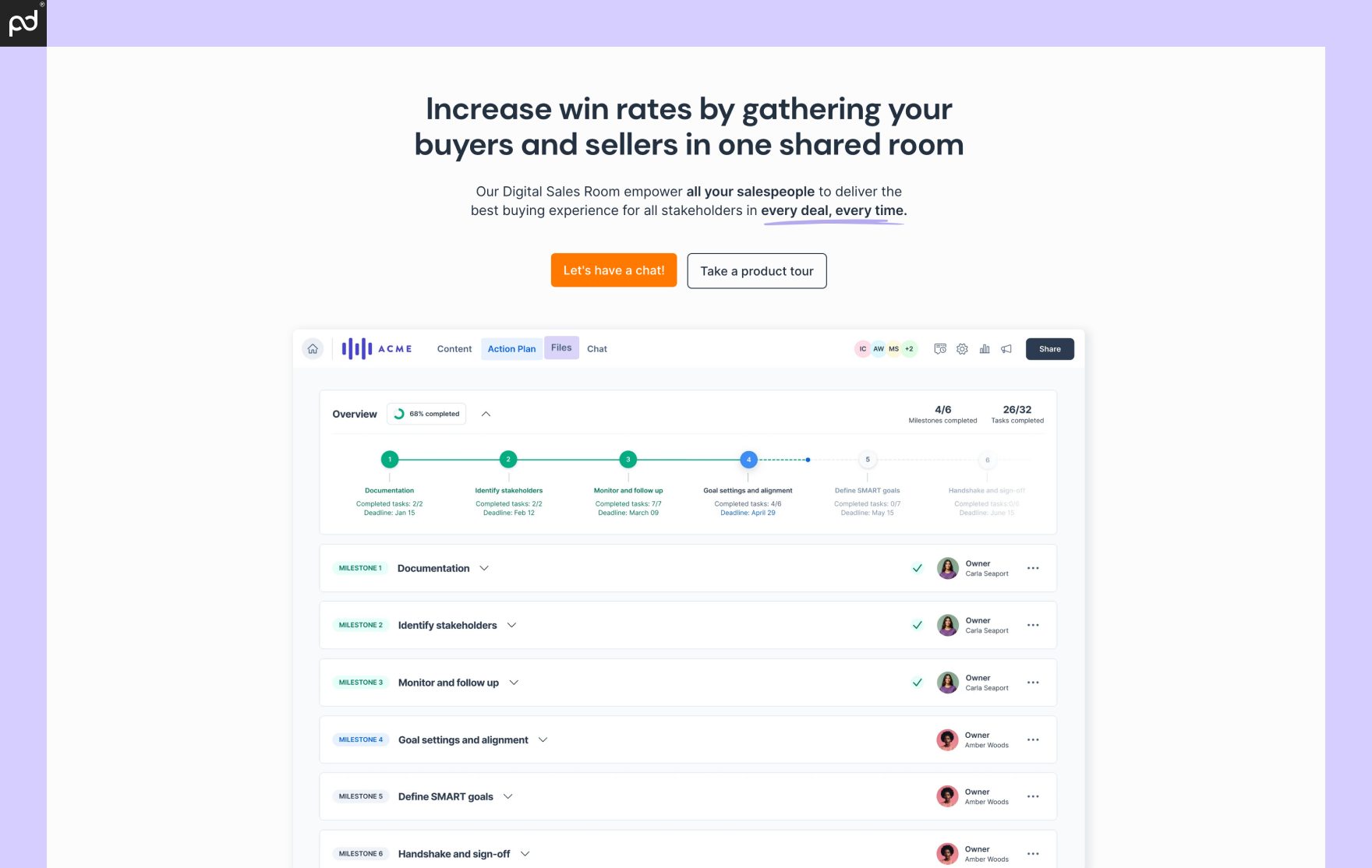 An image showing the GetAccept home page, featuring the phrase, “increase win rates by gathering buyers and sellers in one shared room” and an image showing a deals pipeline.