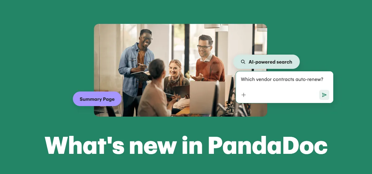 "What's new in PandaDoc" promotional banner showing a group of people around a computer with PandaDoc UI elements including a fill-in-details prompt, Summary page button, and an AI-powered search icon.