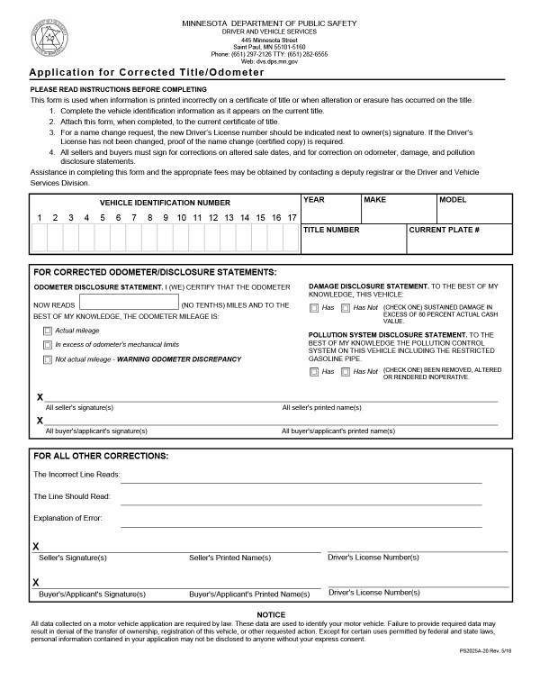 bill-of-sale-templates/minnesota-mn Application for corrected title/odometer