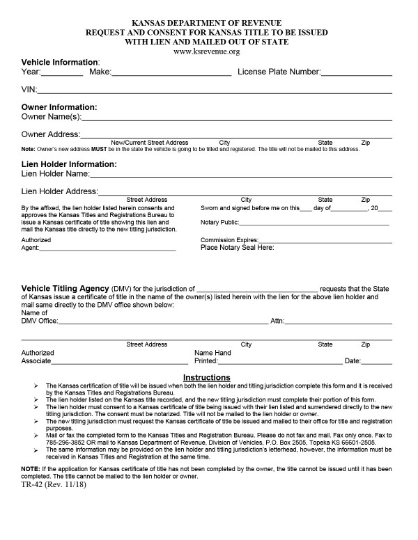bill-of-sale-templates/kansas-ks Lien Form TR-42