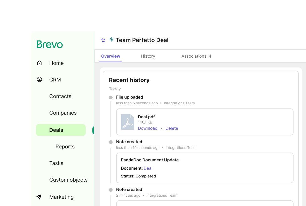 Brevo CRM deal record showing Recent history entries from the PandaDoc integration: a file upload, a completed document note, and a status update — all logged automatically by the Integrations Team.