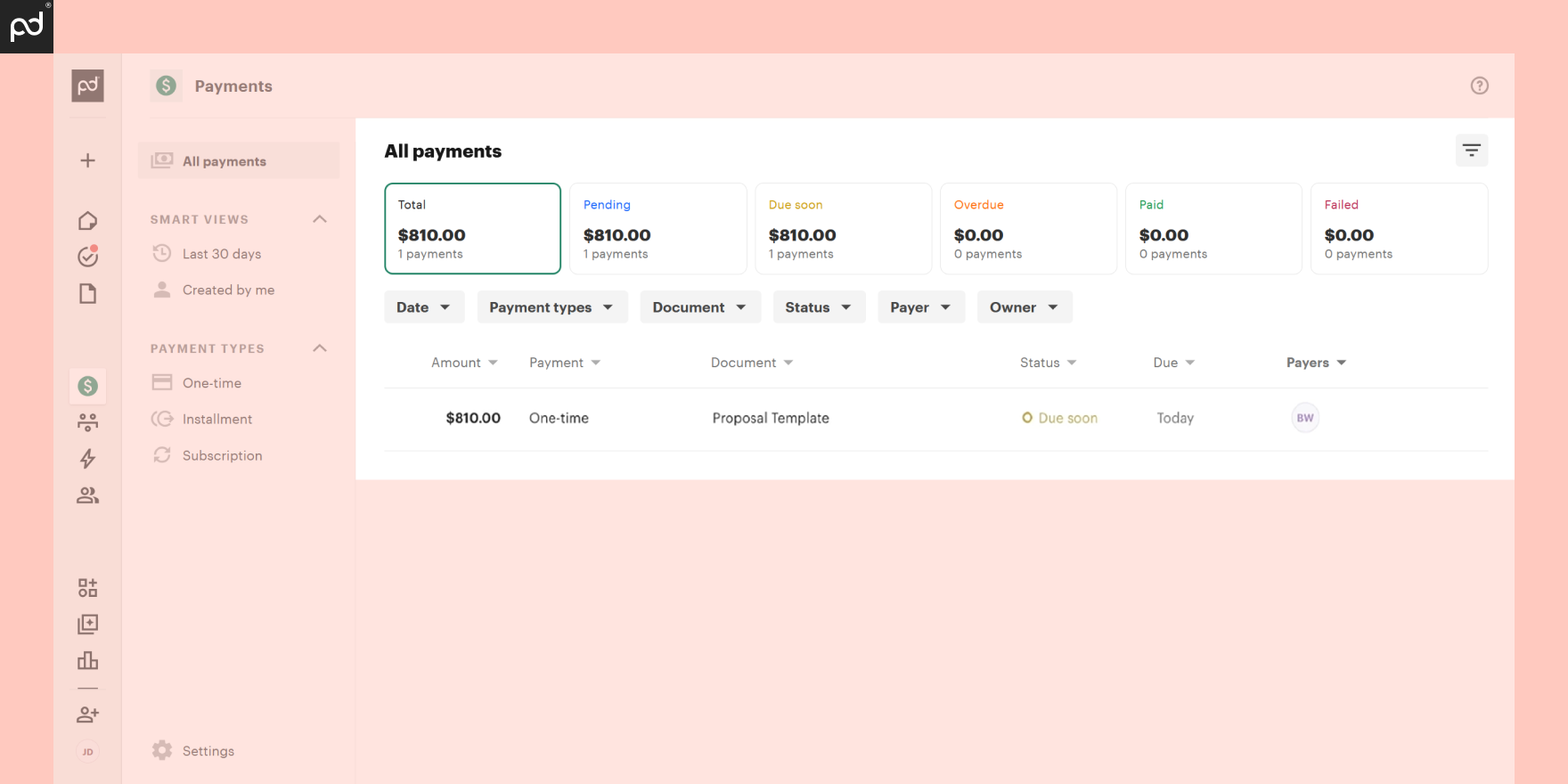 A screenshot of a payment feature status in PandaDoc displaying the due date of a proposal template.