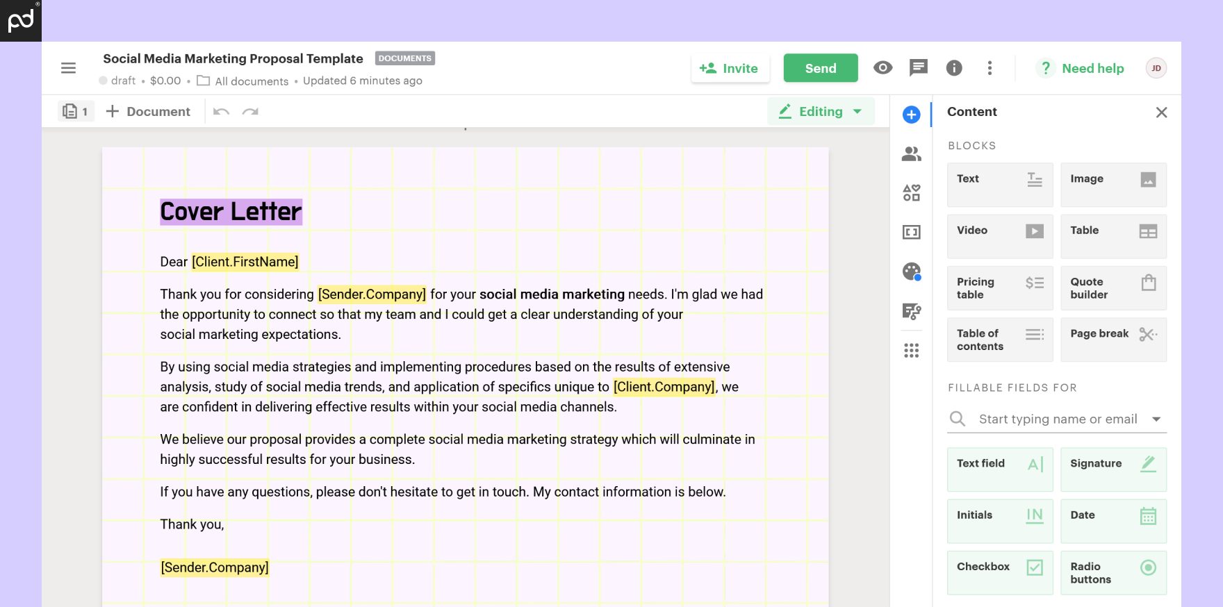A view of the PandaDoc Document Builder user interface. The right sidebar features tools for text, pricing tables, video/image inserts, and more.