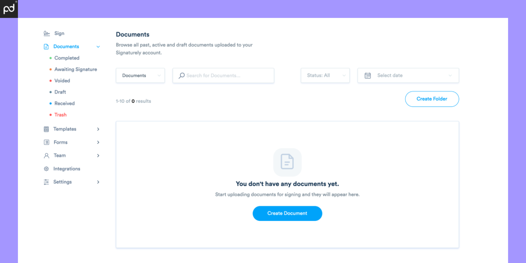 An Image Of The Signaturely User Interface And Primary Dashboard