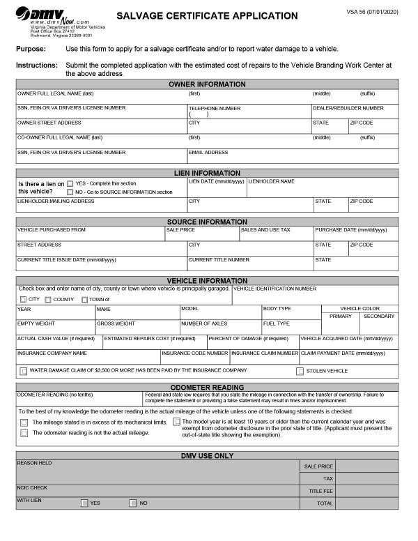 bill-of-sale-templates/virginia-va Salvage certificate application (VSA 56)
