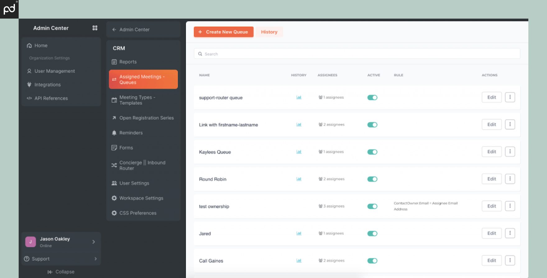 A screenshot of the Chili Piper Admin board, where users can see meetings, reports, reminders, and more.