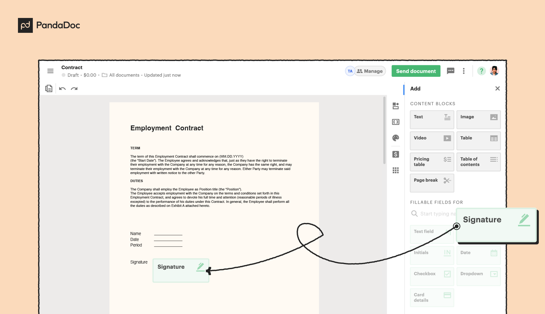 Screenshot of adding a signature