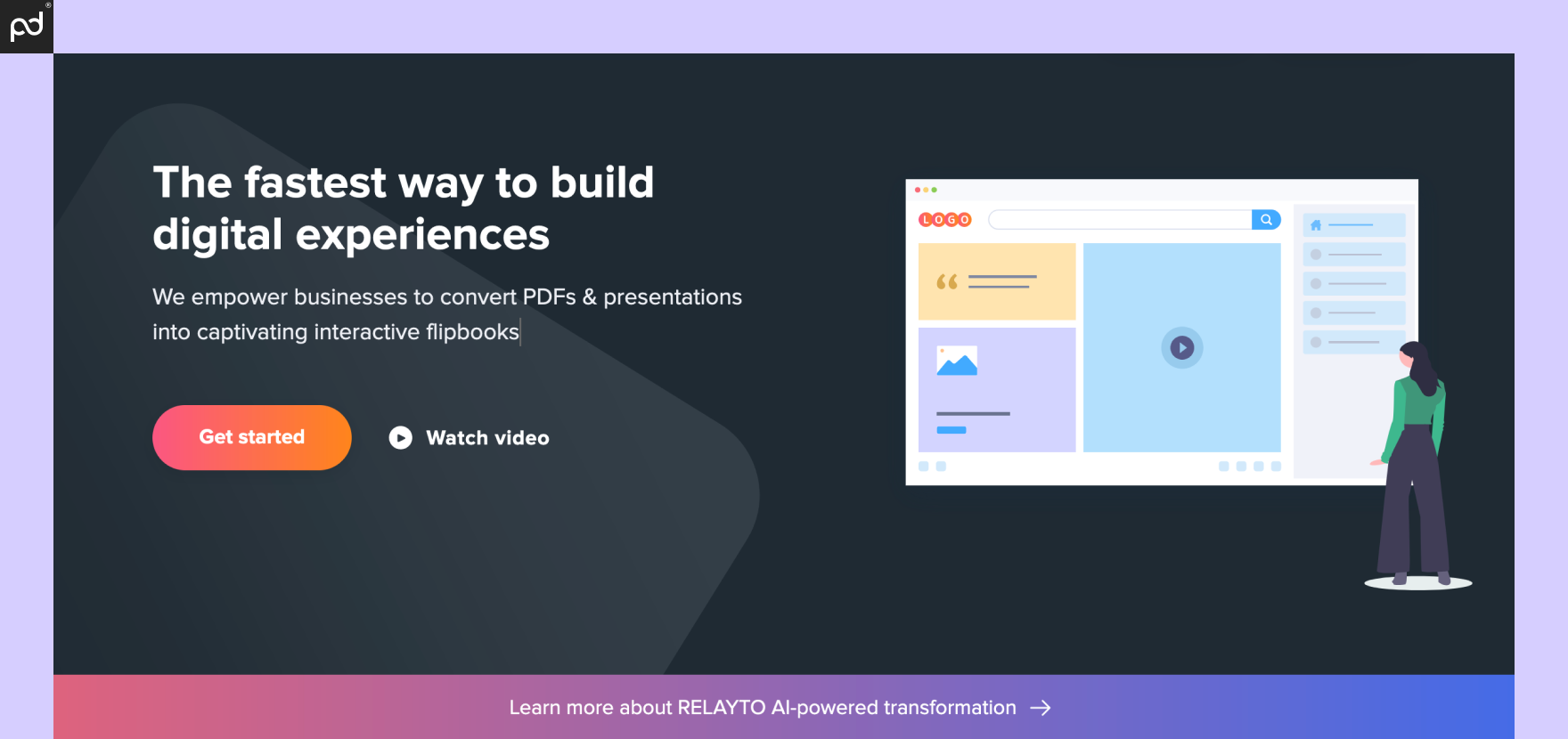 An image of the RelayTo home page, which features the phrase, “The fastest way to build digital experiences” and a demonstration of a RelayTo slide deck.