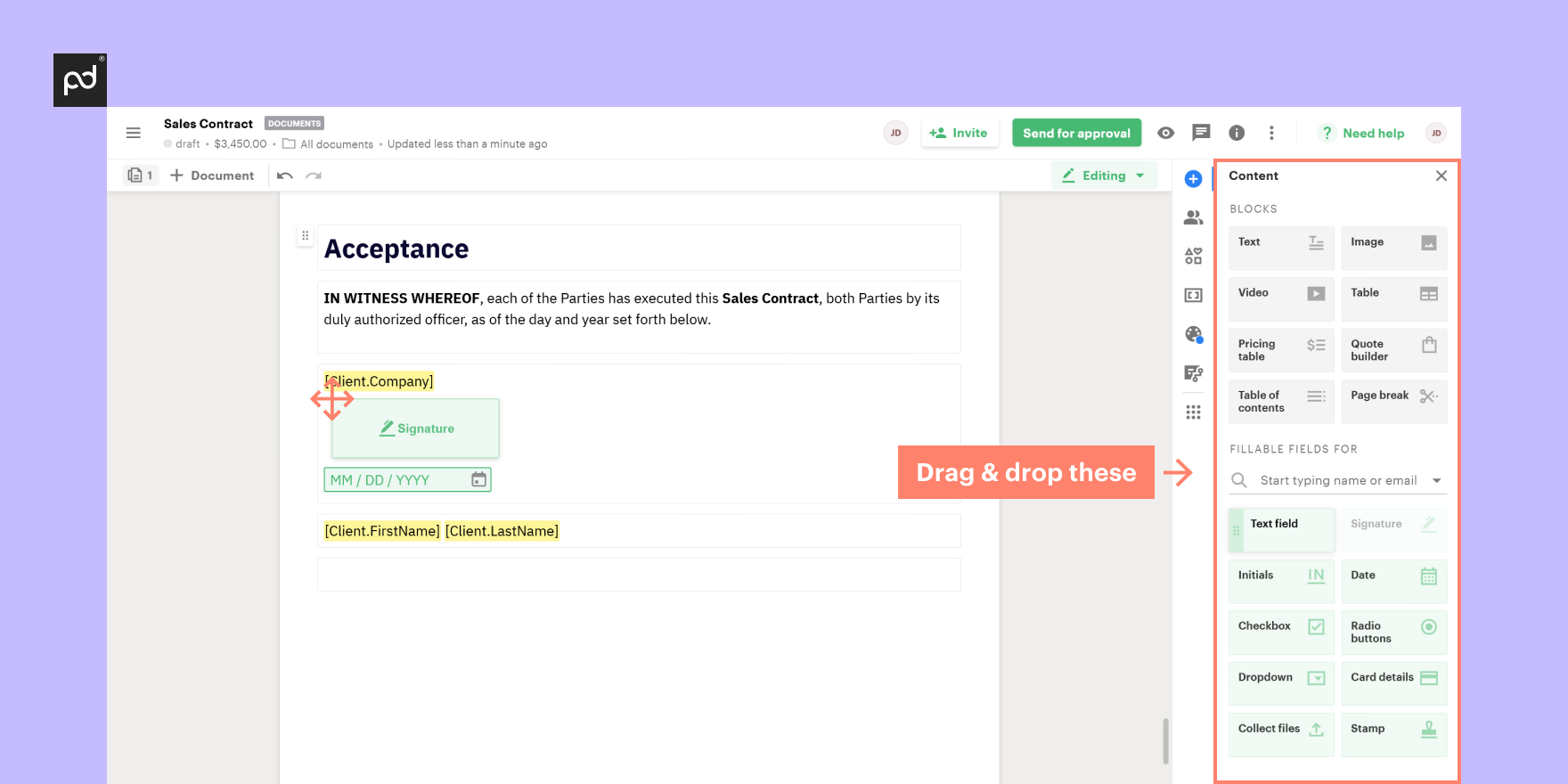 PandaDoc drag-and-drop editor
