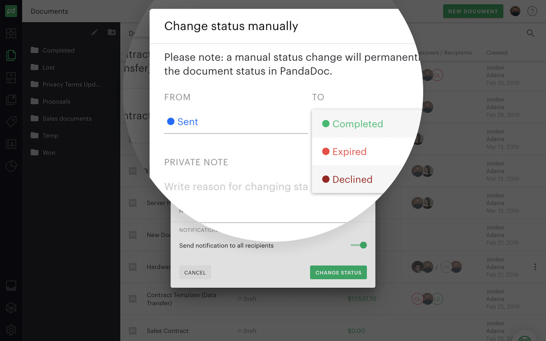 The new "Declined" status for lost deals and rejected documents