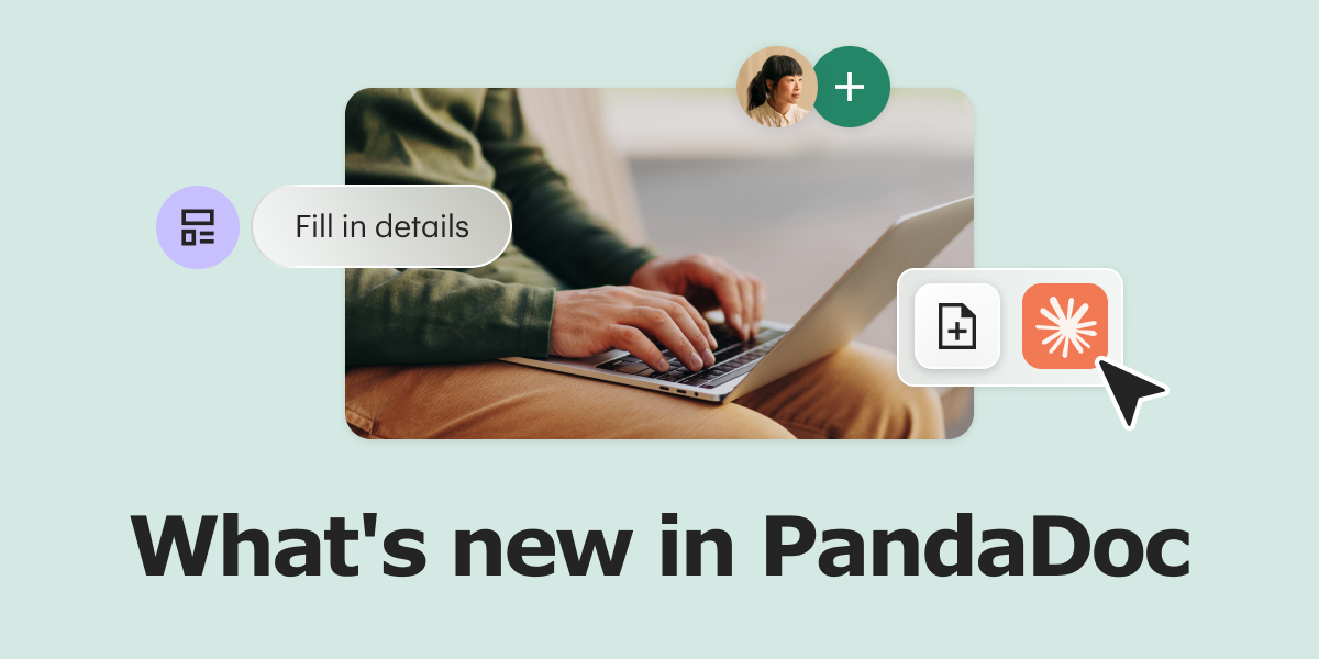 "What's new in PandaDoc" promotional banner showing a person typing on a laptop with PandaDoc UI elements including a fill-in-details prompt, a collaborator avatar, and an AI-assisted document creation icon.