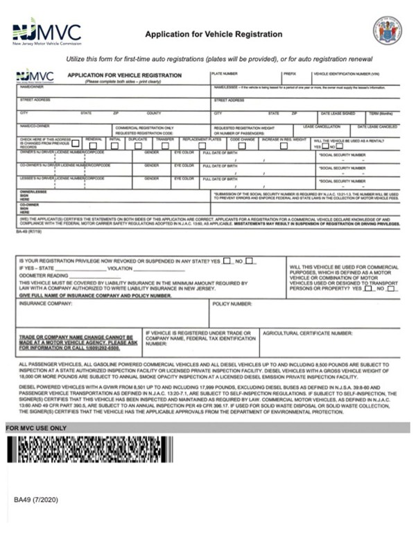 bill-of-sale-templates/new-jersey-nj Application for vehicle registration (Form BA-49)