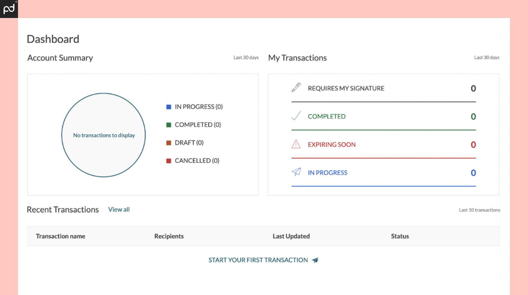 A screenshot of the OneSpan Sign user dashboard, featuring an account summary (pie chart) and a list of recent transactions.