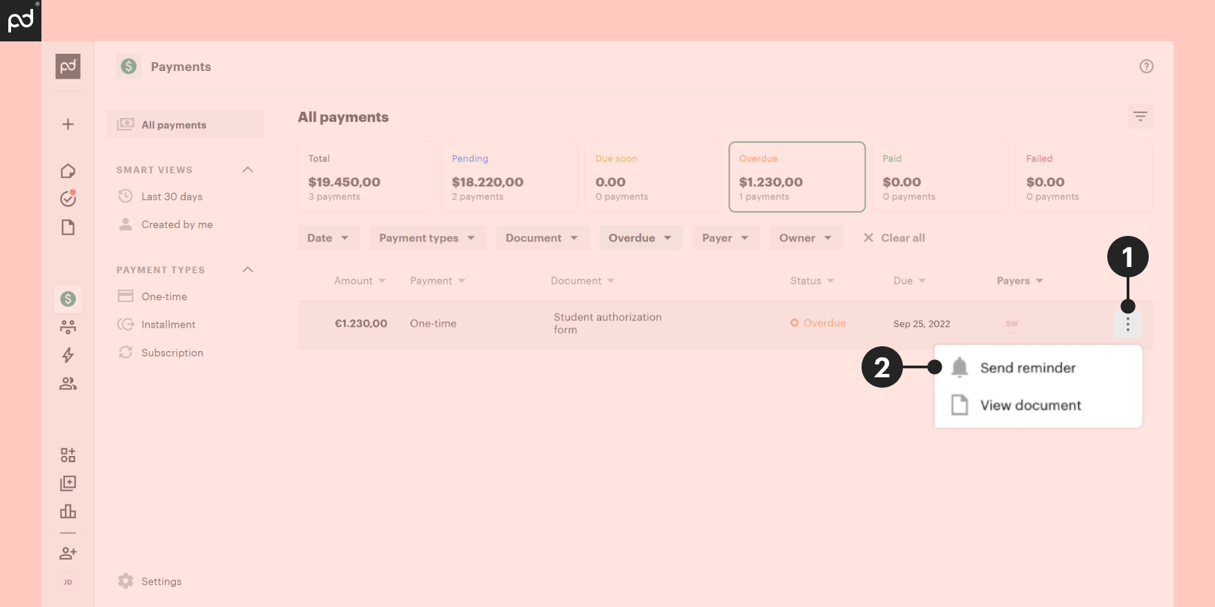 A screenshot of a PandaDoc all payments window displaying how to send a payment reminder.