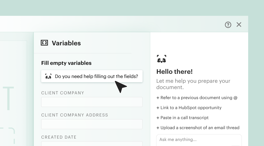 PandaDoc Variables panel prompting a user to fill in empty fields like Client Company and Address, with the AI assistant open on the right offering to help populate the document using context like call transcripts or email threads.