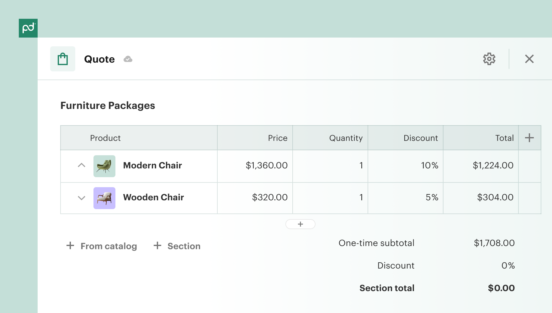 PandaDoc Quote builder. Furniture Packages table lists Modern Chair at $1,224 and Wooden Chair at $304. One-time subtotal is $1,708.