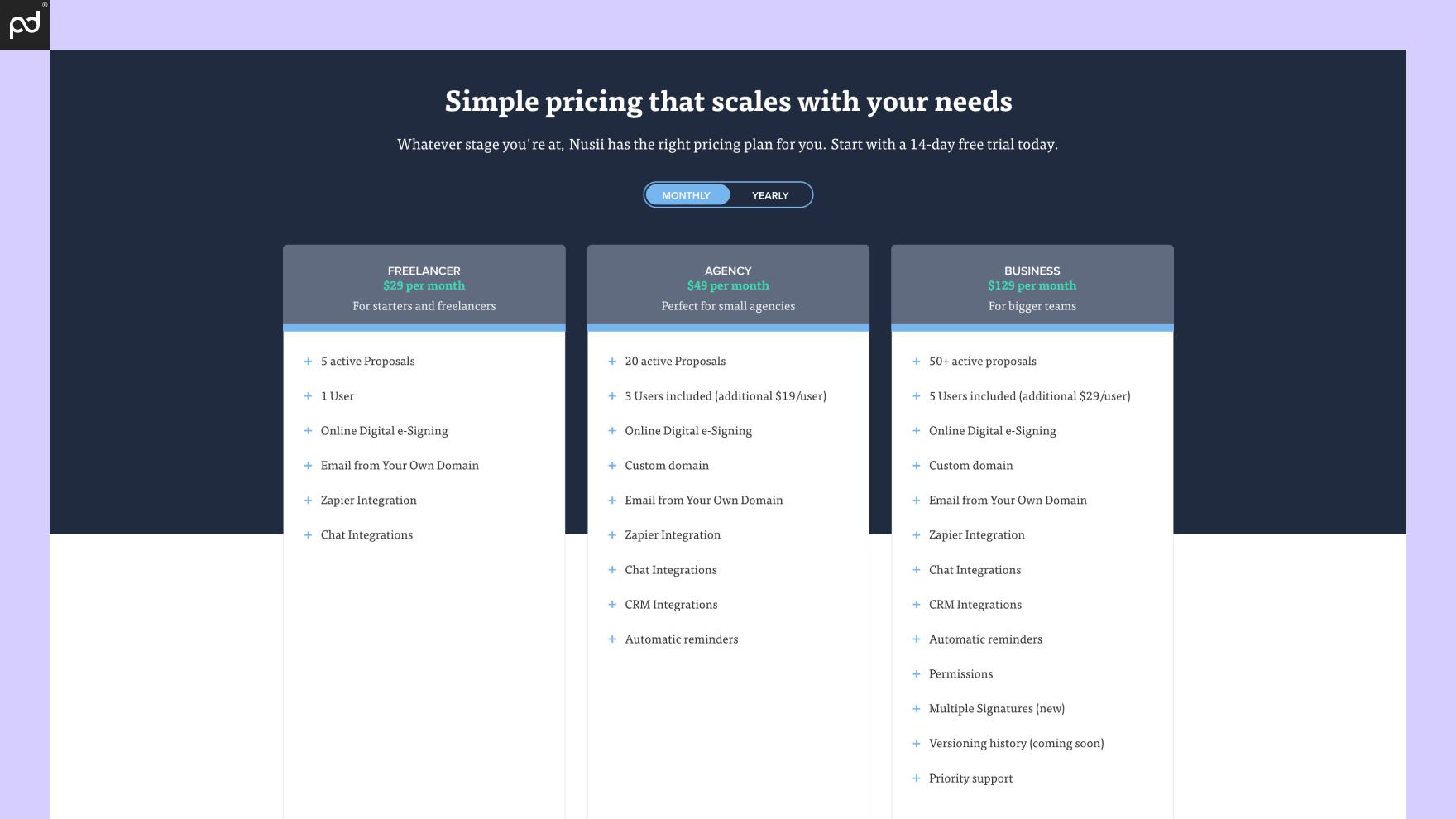 An image of Nusii’s pricing table. Prices range from $29/month to $129/month.