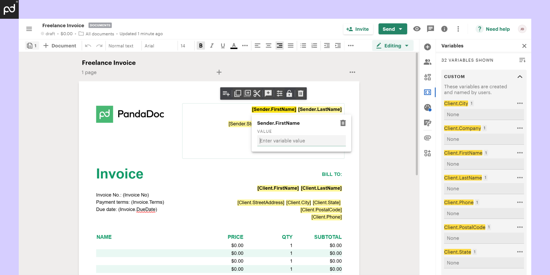 Screenshot of PandaDoc invoicing software interface with customizable fields for freelance invoices, including sender and client information.