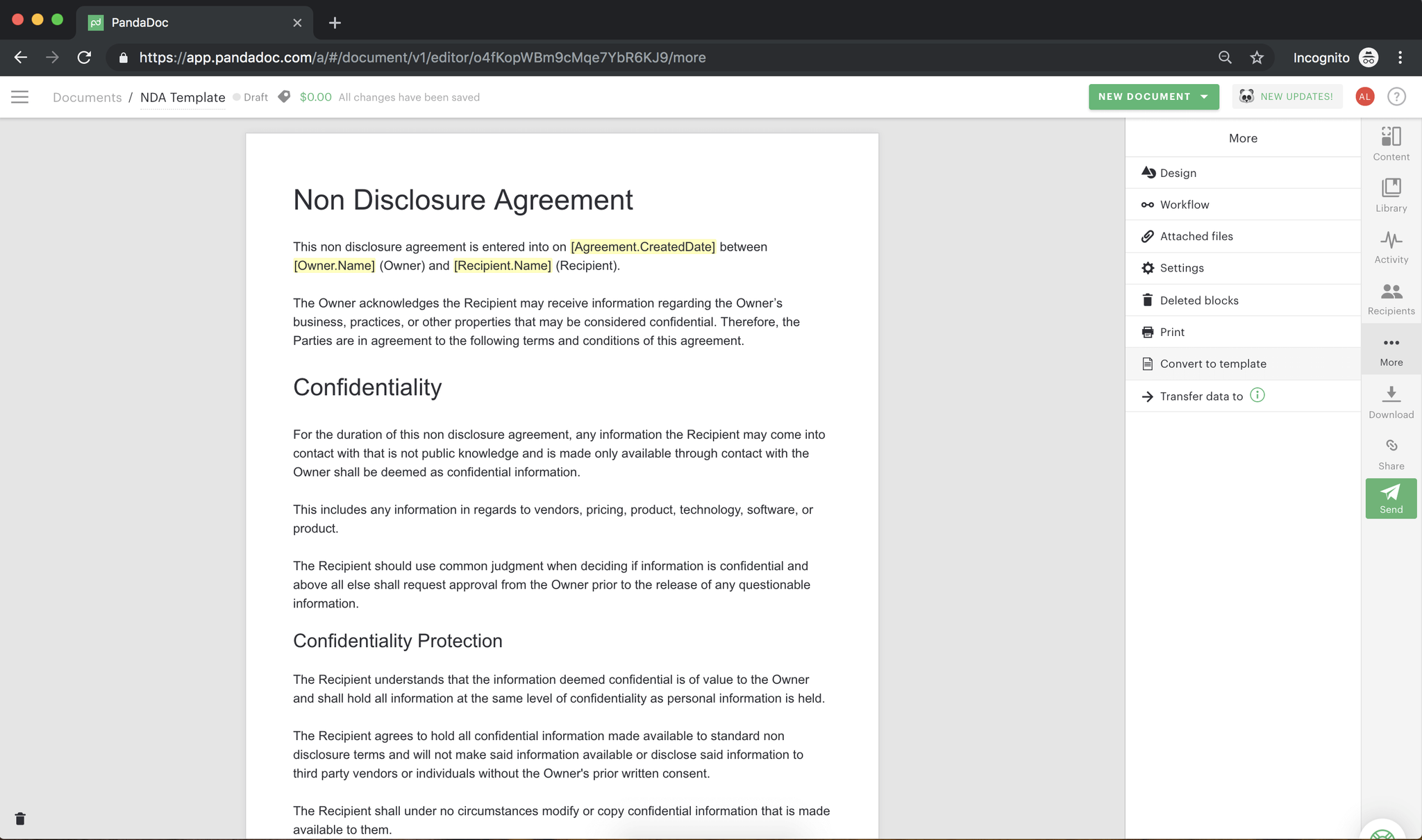 Screenshot of converting your non-disclosure agreement
