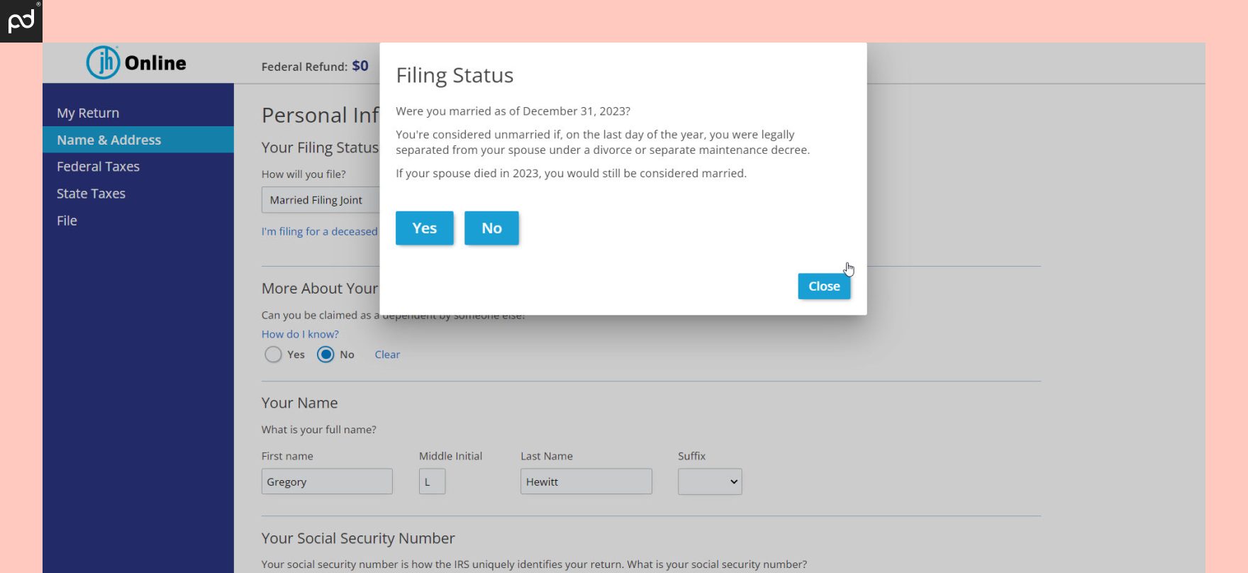 Screenshot of Jackson Hewitt Online’s tax software, illustrating the tax filing status feature.