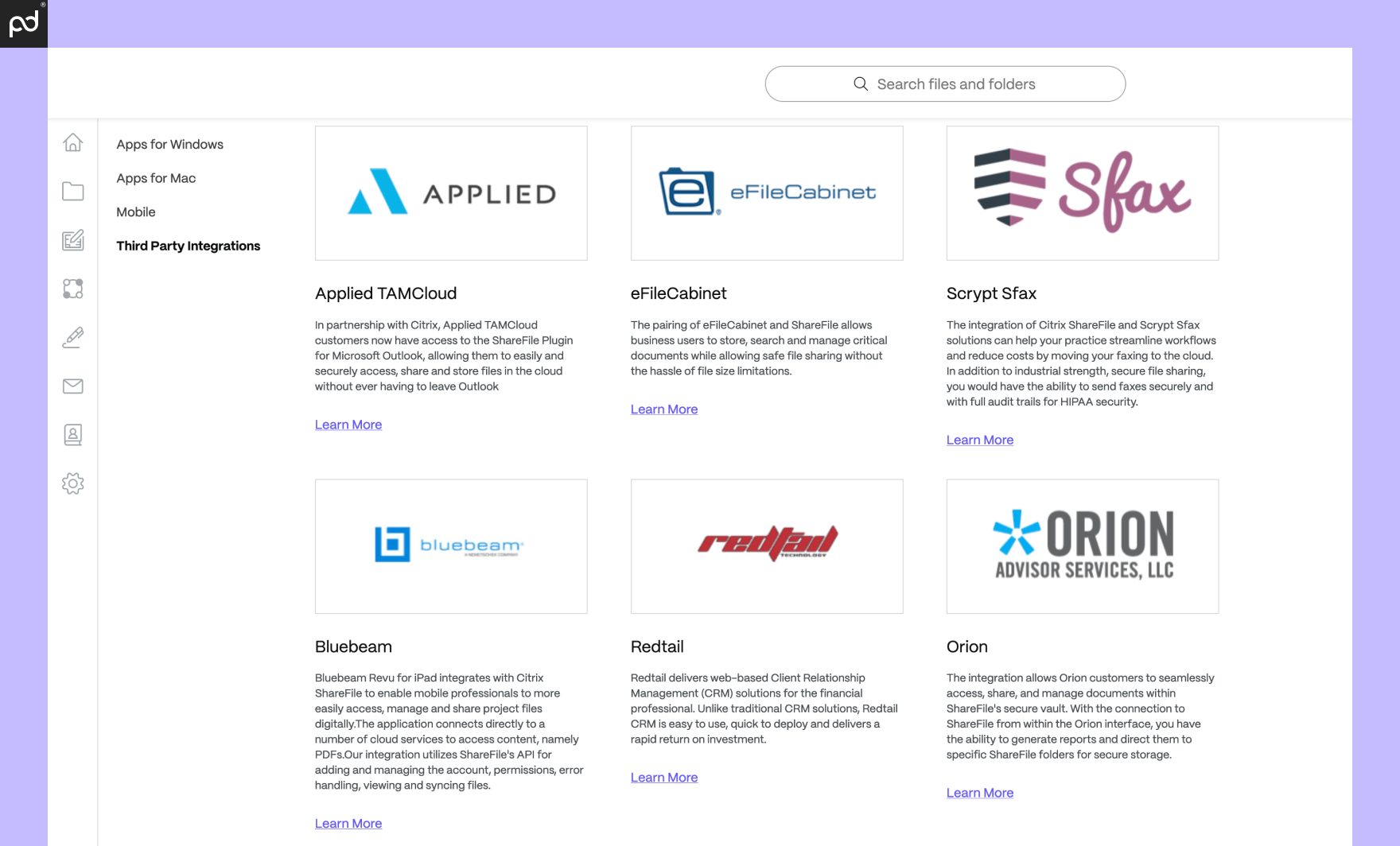 An image featuring many ShareFile integrations, including Retail, Orion, Bluebeam, and others.