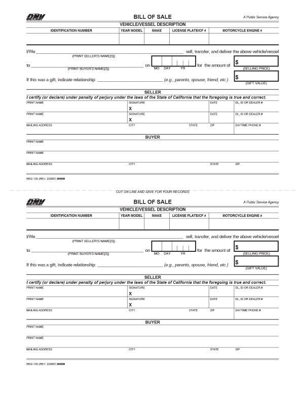 bill-of-sale-templates/california-ca Vehicle bill of sale (Form Reg-135)