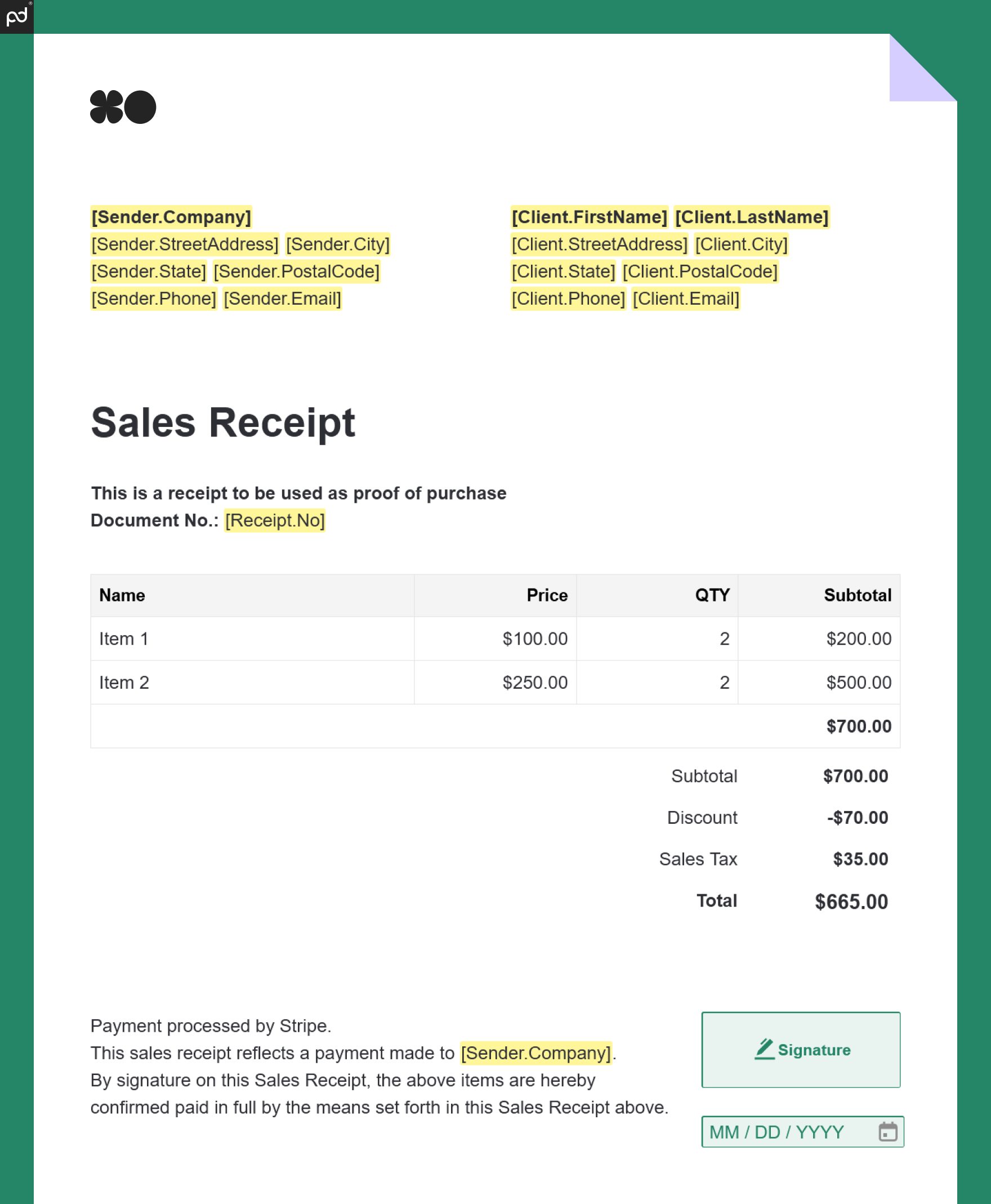sales receipt pandadoc template
