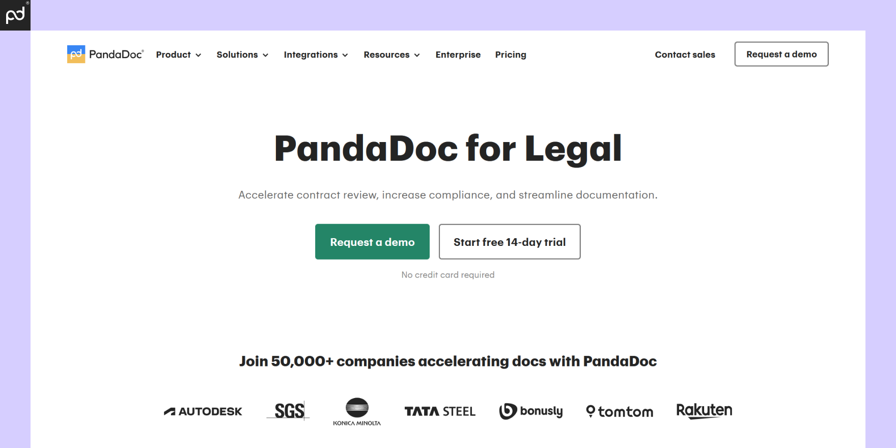 Screenshot of the PandaDoc for Legal homepage with options to request a demo or start a free trial, highlighting the platform