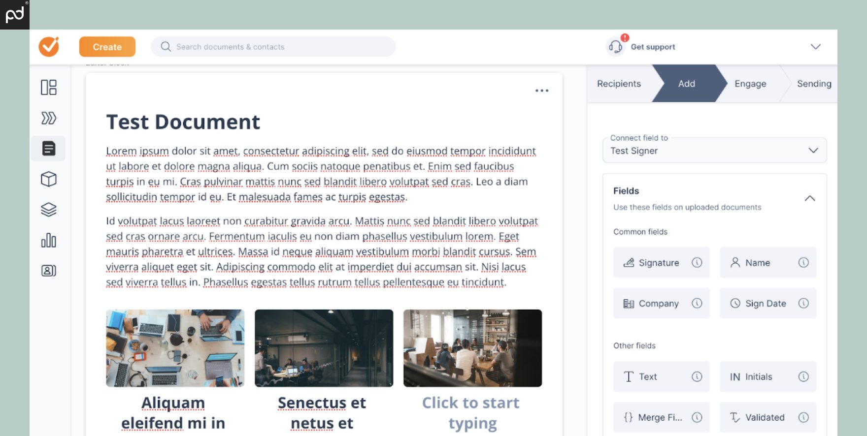 A screenshot of the GetAccept document editor, including features for adding e-signature, customizing text, validating signers, and much more.