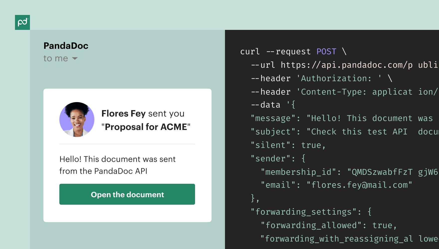 PandaDoc email notification showing Flores Fey sent "Proposal for ACME," with an Open the document button. A dark code panel beside it shows a curl POST request to the PandaDoc API.