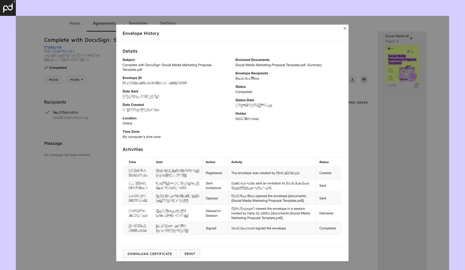 An image of a system-generated audit log created when signing documents via DocuSign.