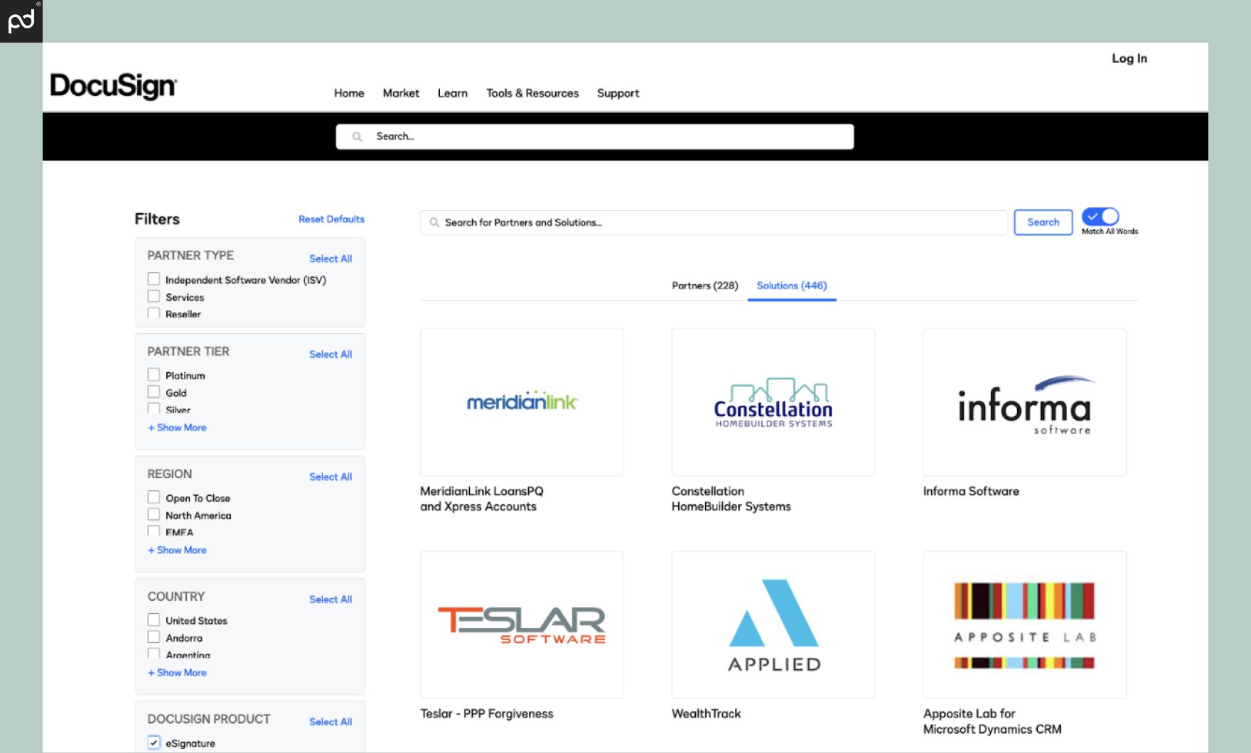 A screenshot of the DocuSign integration search tool, featuring 400+ solutions and 200+ partner organizations.