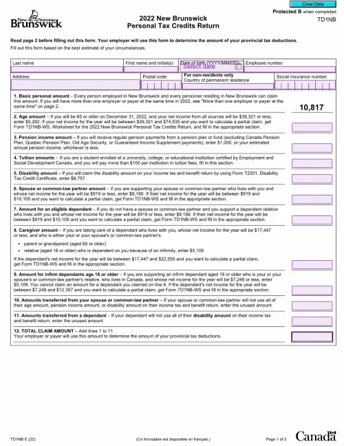 Free Electronic TD1NB Form (TD1 New Brunswick)