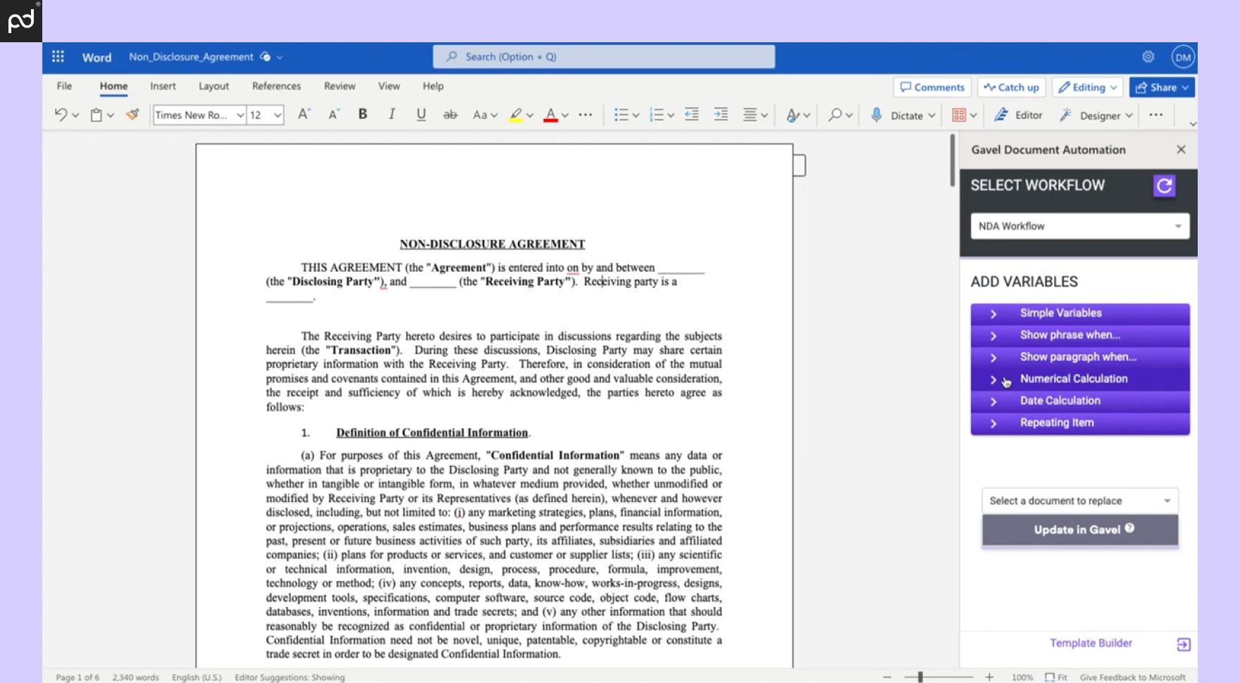 Screenshot of Gavel legal automation software displaying the template builder with options to select workflows and add variables for a non-disclosure agreement.