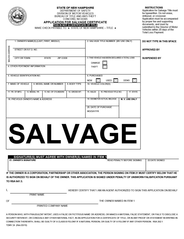 bill-of-sale-templates/new-hampshire-nh Application for salvage certificate