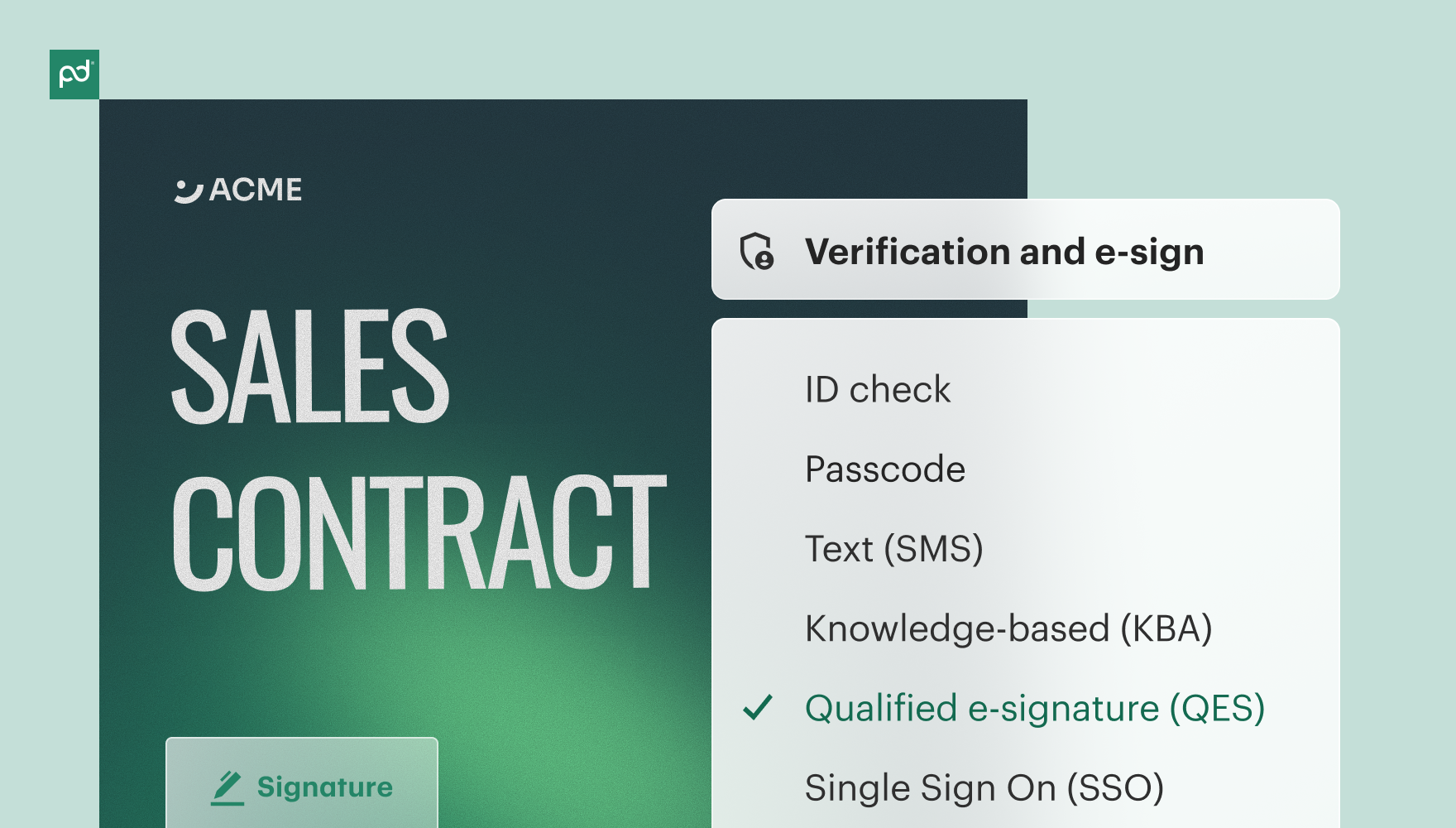 PandaDoc Verification and e-sign dropdown on a Sales Contract. Options include ID check, Passcode, Text (SMS), KBA, and SSO. Qualified e-signature (QES) is selected.