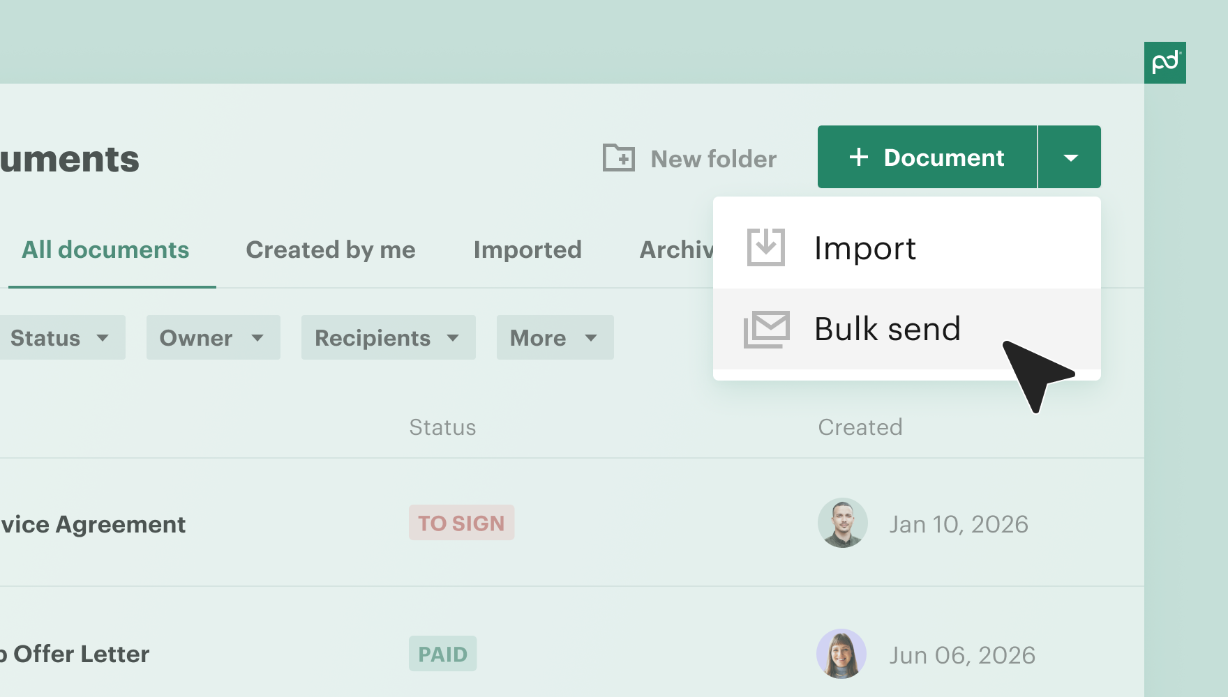 PandaDoc Documents list with the Document dropdown open. Options shown are Import and Bulk send. Two documents are listed: a Service Agreement (To Sign) and an Offer Letter (Paid).