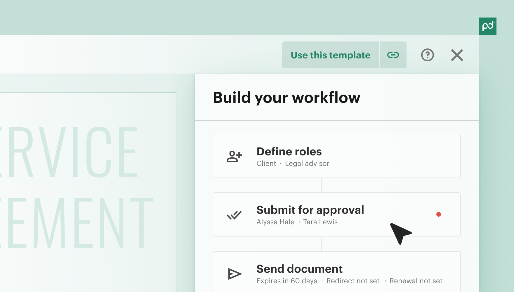 PandaDoc workflow builder. Three steps shown: Define roles, Submit for approval, and Send document.